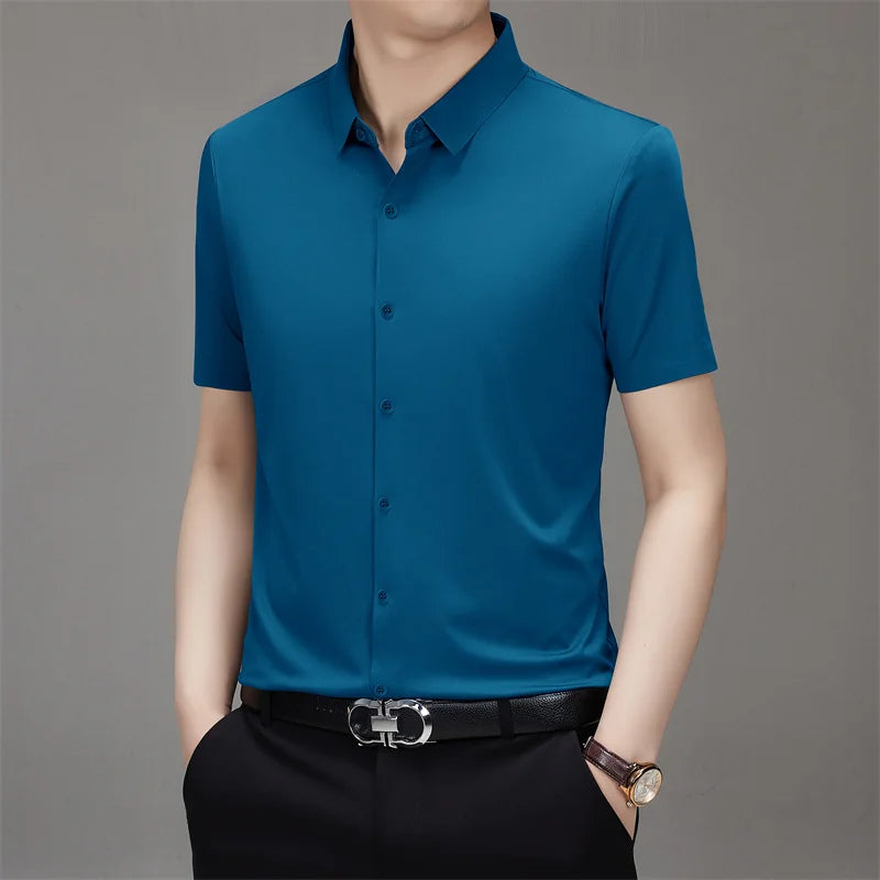 New Men's Business Casual Solid Color Short Sleeved Shirt for Summer Fashion No Ironing Comfortable and Versatile Top