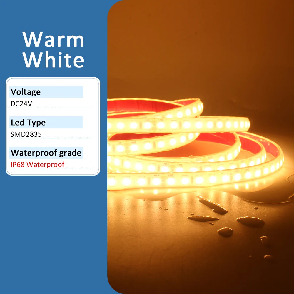 24V LED Strip Light IP68 Waterproof 1M 2M 5M 10M 15M 20M SMD 2835 120LEDs Flexible LED Tape Ribbon Lamp Indoor Outdoor Lighting