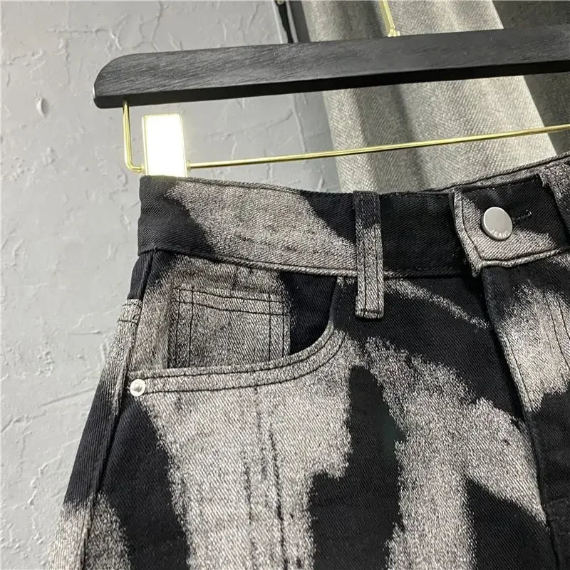DAILOU Spring and Summer New Korean Spicy Girl Irregular Tie Dyeing High Waist Straight A-line Hairy Denim Wrapped Hip Shorts