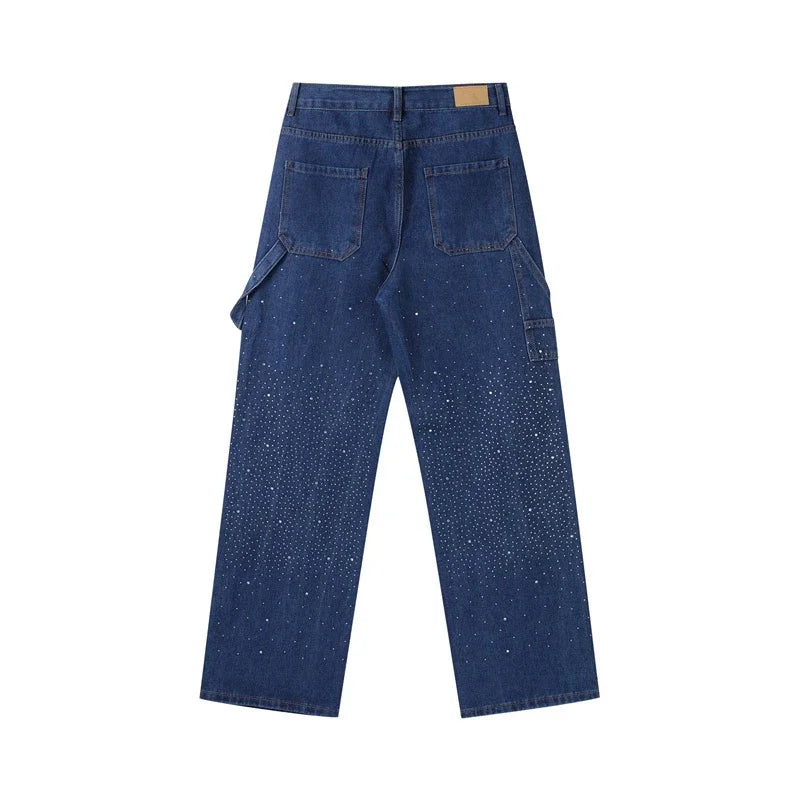 Shiny Rhinestone Baggy Women's Wide Leg Jeans Full Diamond Wide Leg Dragging Denim Pants Vintage Washed Pants Casual Trousers