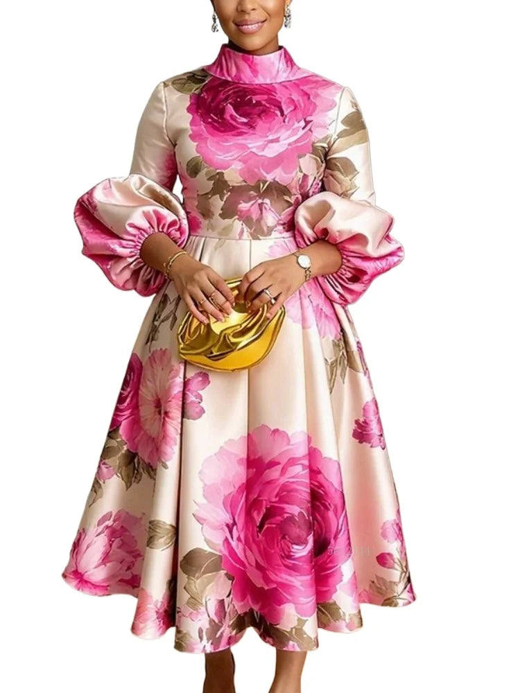 Stylish Women's Flower Printed Stand Collar Elegant Evening Maxi Dresses 2026 New Puff Sleeves Loose Pleated Party A-Line Dress