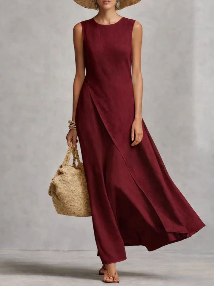 Summer Maxi Dresses For Women Casual O Neck Sleeveless Loose Asymmetrical Hem Long Dress Women Elegant Beach Vacation Sundress