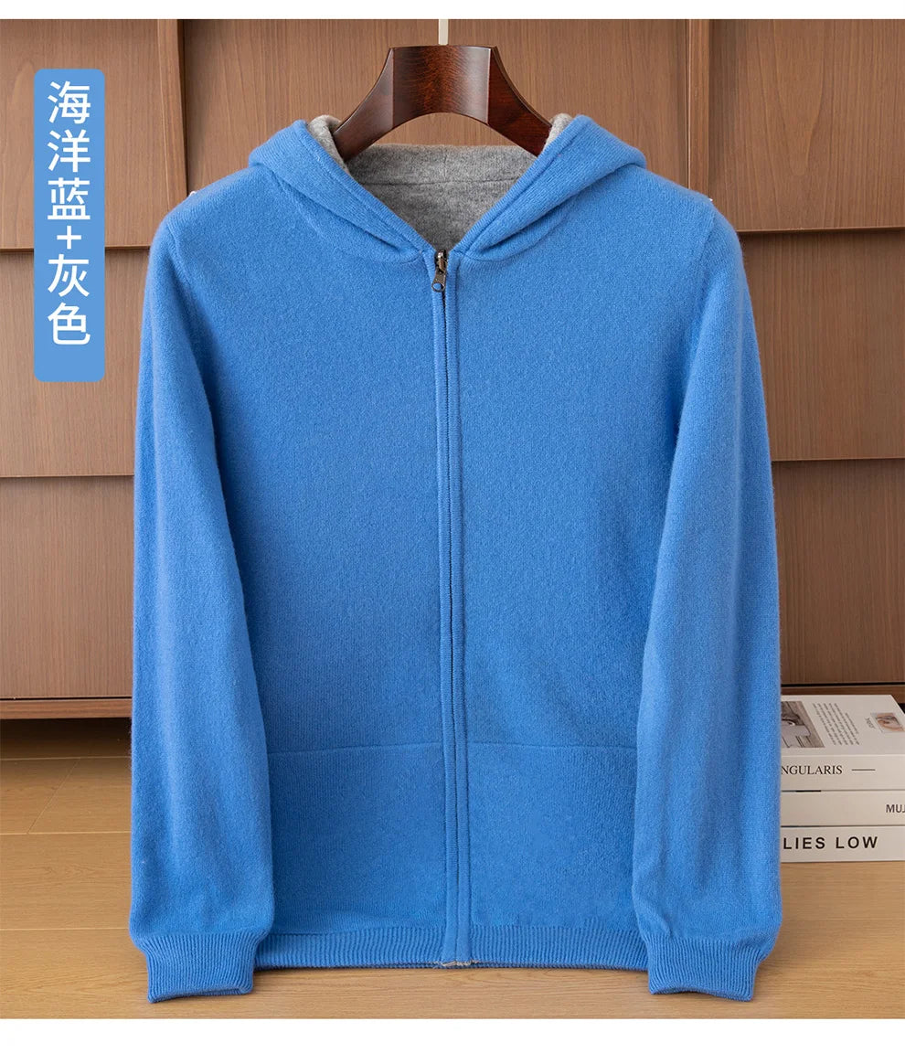 Double-Sided Cashmere Hooded Cardigan For Men Autumn And Winter Wearing Sweater Thickened Pure Wool Knitted Loose Zipper Coat