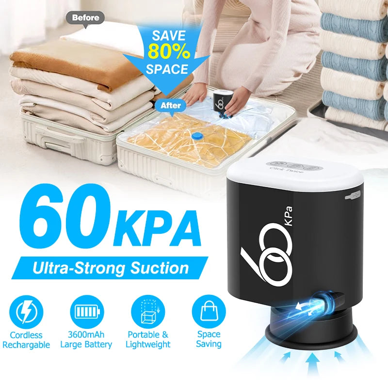 60Kpa Travel 3600mAh Cordless Electric Pump for Vacuum Storage Bags Rechargeable Air Pump Various Seal Space Saver Bag Clothing