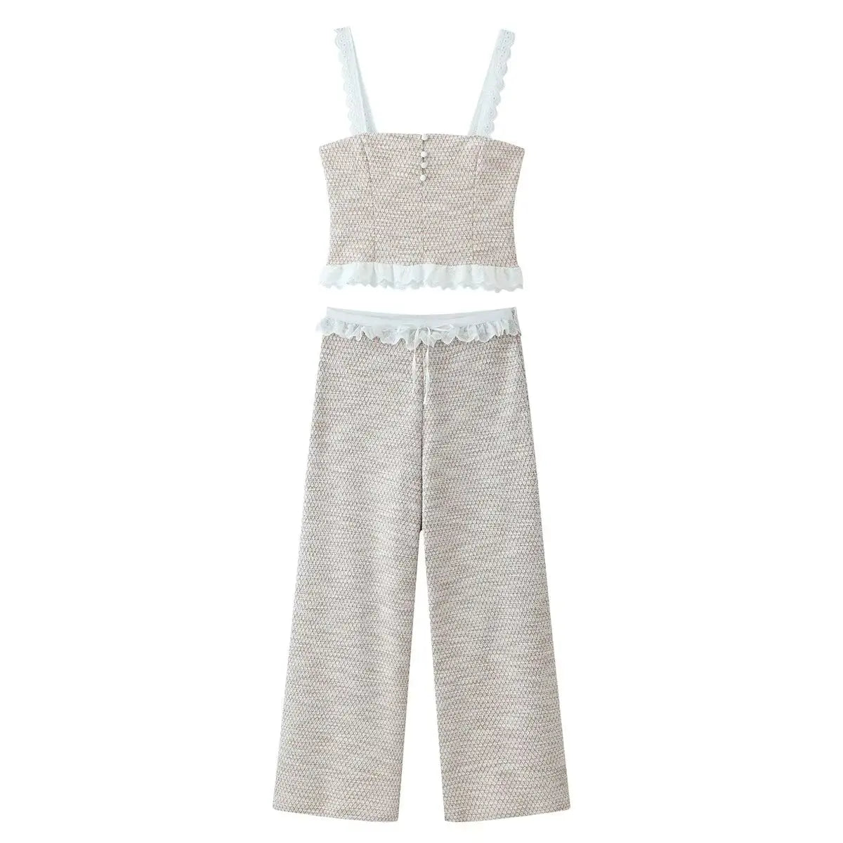 HH 2026 Women Splicing Texture Button Decoration Sleeveless Short Top+Casual Mid Waist Zipper Pants New Fashion 2 Piece Set
