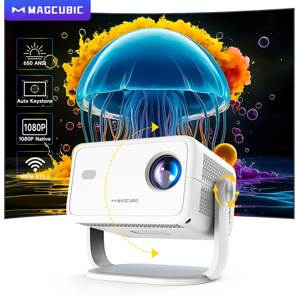 Magcubic L018 650ANSI 1080P Native Projector, 360° Rotation, Auto Focus & 6D Keystone, Android 14 WiFi6 BT5.4 8K Decoding Portable