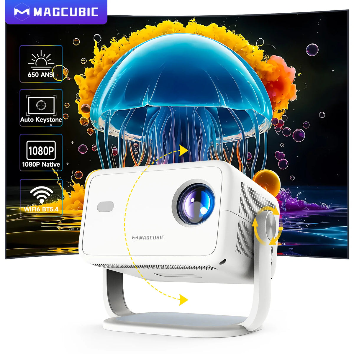 Magcubic L018 650ANSI 1080P Native Projector, 360° Rotation, Auto Focus & 6D Keystone, Android 14 WiFi6 BT5.4 8K Decoding Portable