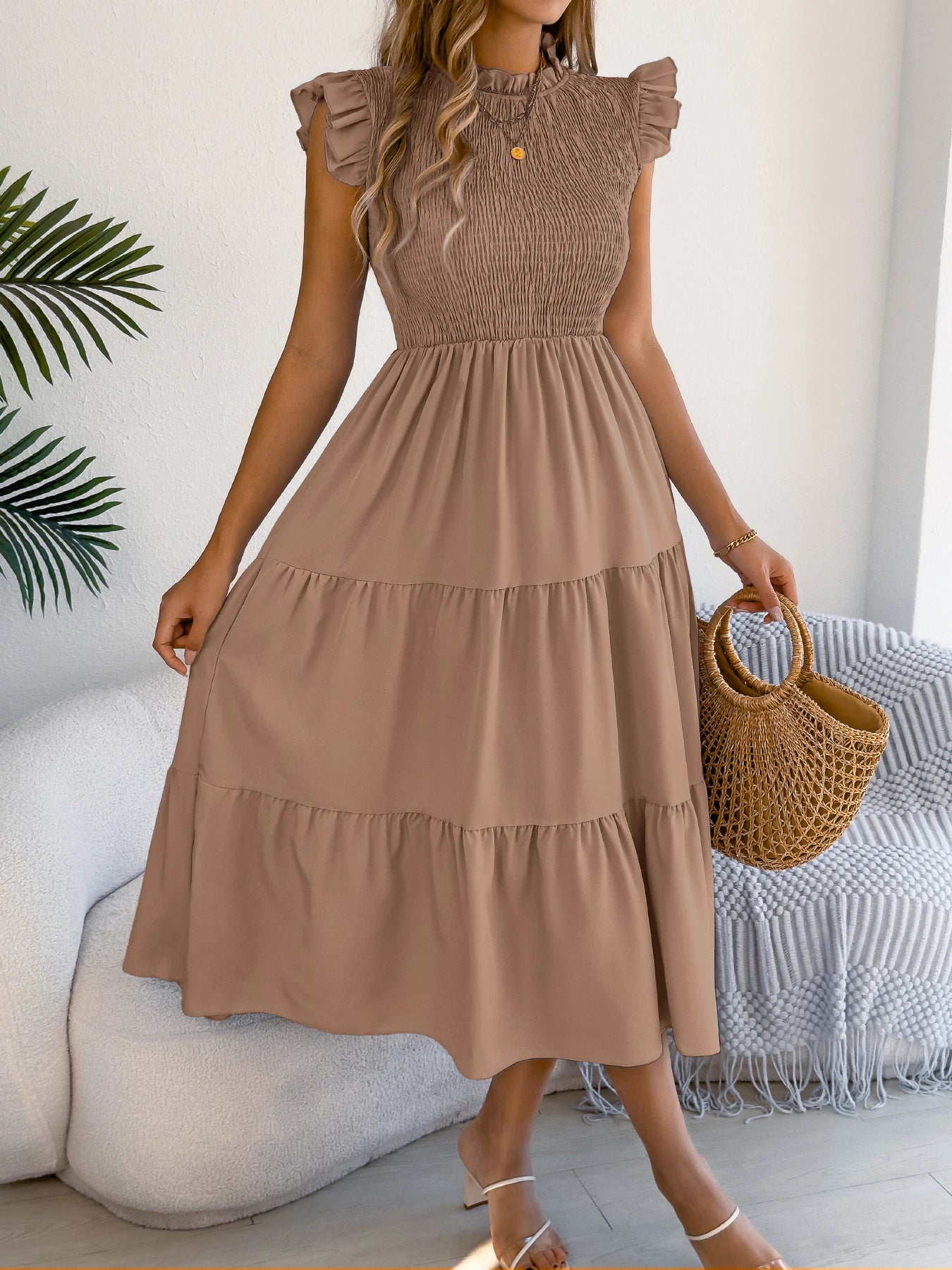 Spring Summer Elegant Ruffled Dresses for Women 2026 Casual Vacation Solid Color Round Neck Sleeveless Long Dress Blue Green