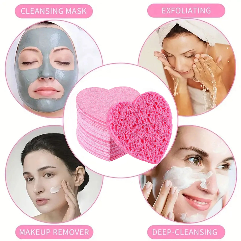 Facial sponge with container, heart-shaped compressed facial sponge natural cleaning pad for washing face, exfoliating, and make