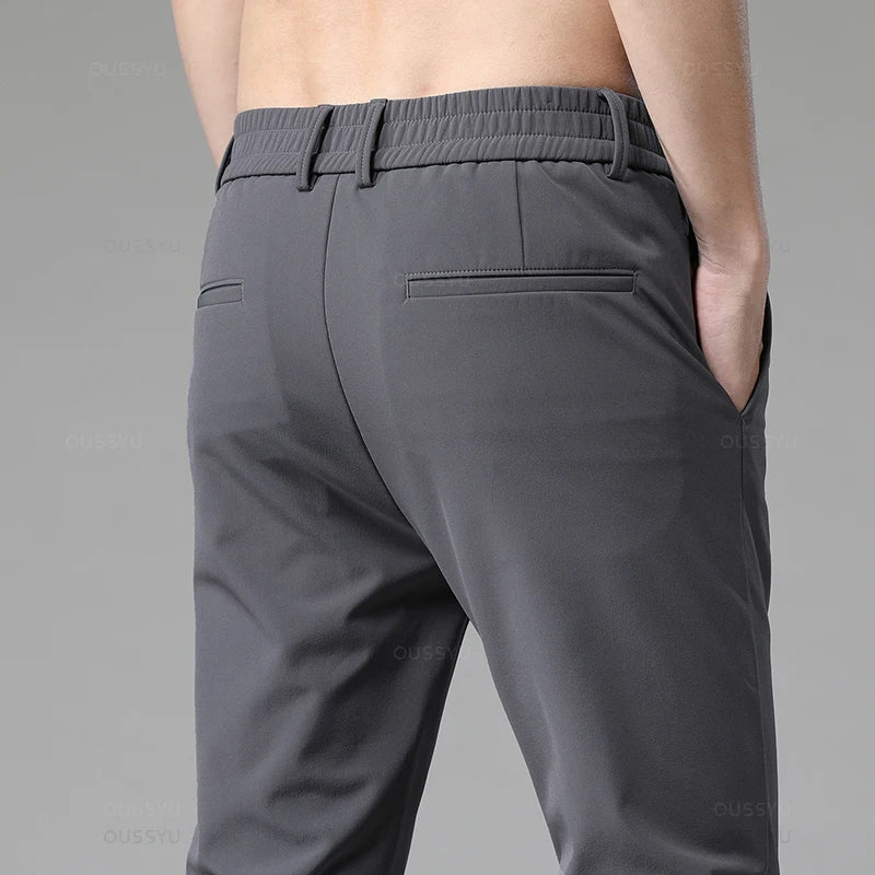 Autumn Winter Casual Pants Men Thick Business Stretch Slim Elastic Waist Jogger Korean Classic Black Gray Blue Trouser Male