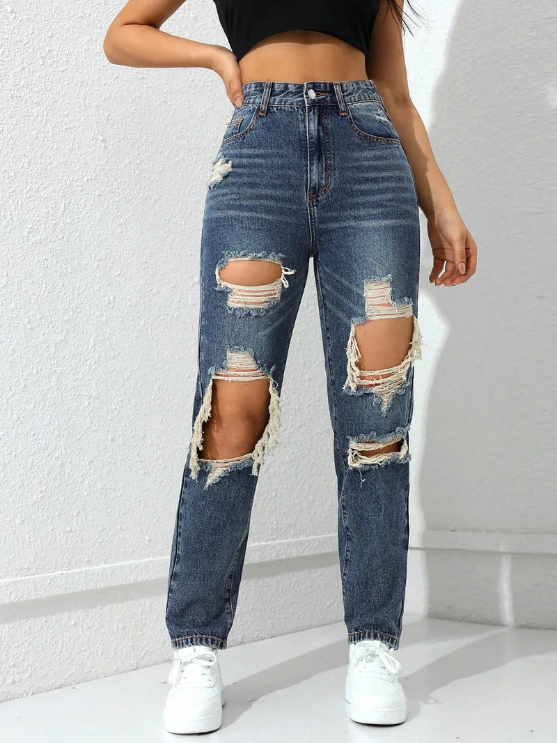 Women's High Waist Ripped Denim Jeans with Distressed Knee Holes and Straight Leg Fit for Casual Streetwear Fashion