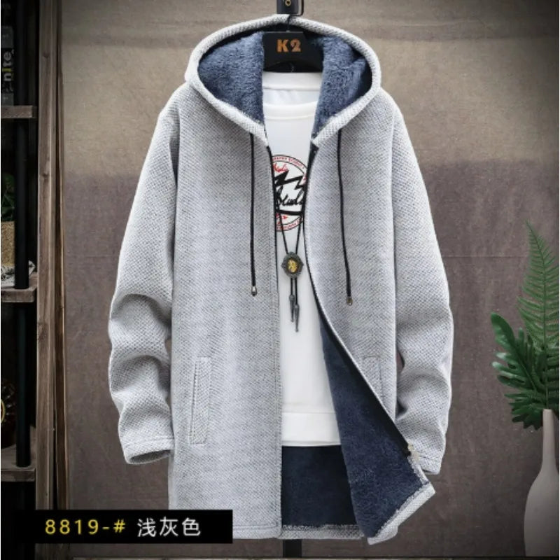 Mens Long Knit Cardigan Autumn Winter Sweater Coat Fleece Heavy Hooded Trench Coat Solid Chenille Men's Fashion Jacket