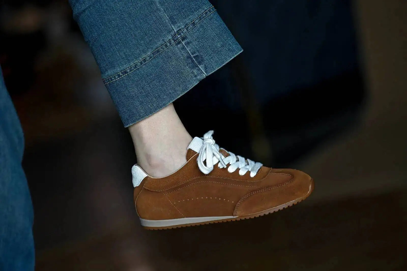 Genuine Leather Brown Suede Flat Loafers Shoes Woman Lace Up Leisure Wome Shoes Autumn Casual Comfort Vacation Lovers Shoes