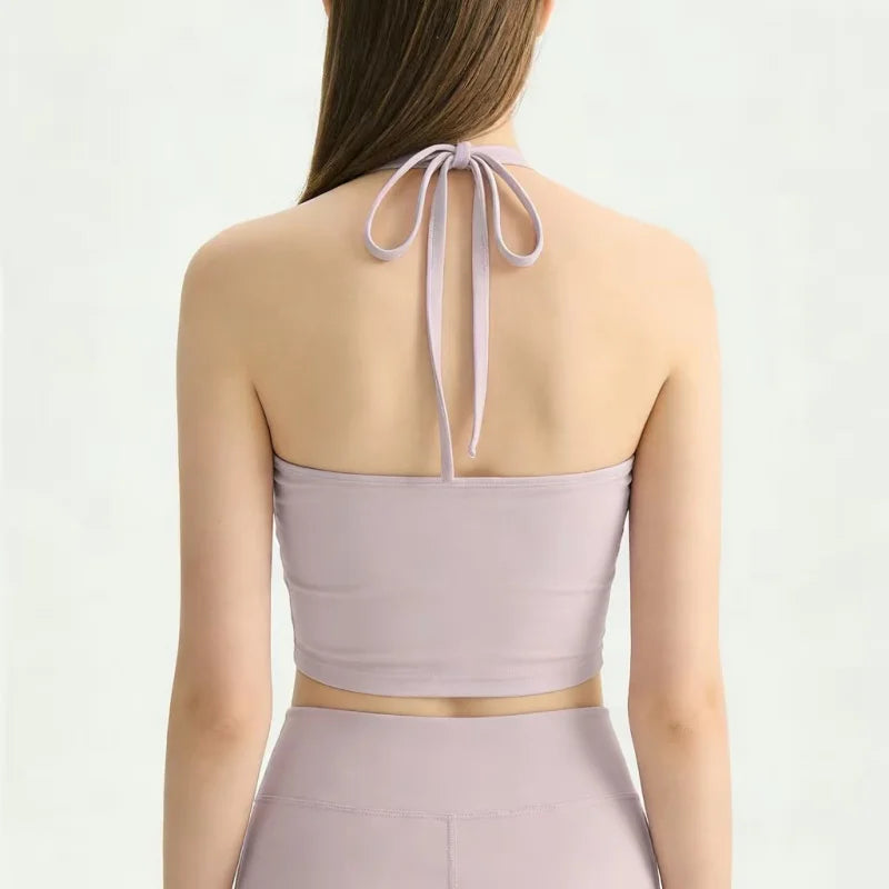 Women Halter Tie‑Up U‑Neck Yoga Sports Top Stylish Design Breathable Comfortable Integrated Fixed Cup Cropped Tank Top Fitness