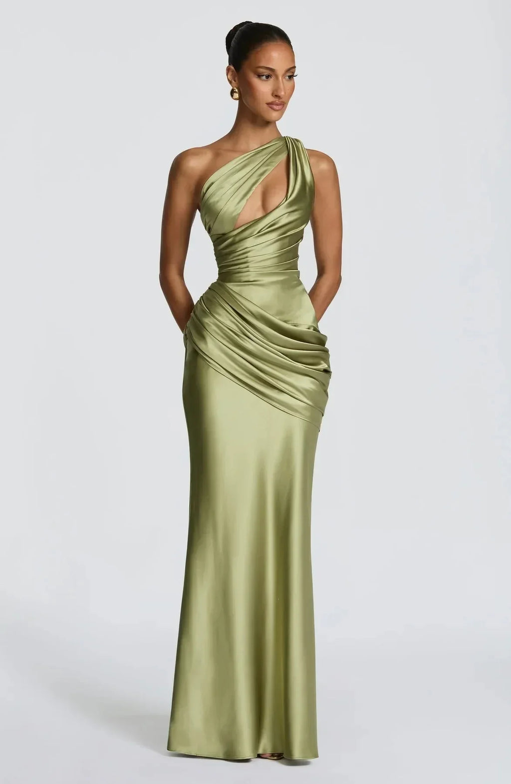 Elegant One Shoulder Satin Long Dress Women Chic Solid Sleeveless Backless Waist Cinching Pleated Dresses  Lady Party Robes New