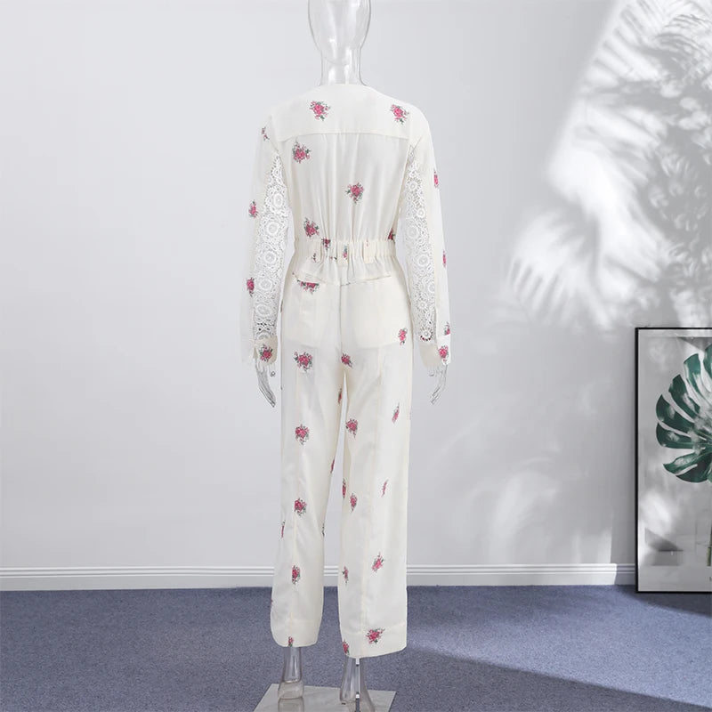 Printed Lace PatchWork Women's Jumpsuit V Neck Long Sleeves Jumpsuits Slim Fit Jumpsuit for Lady 2026 Summer Club Tops