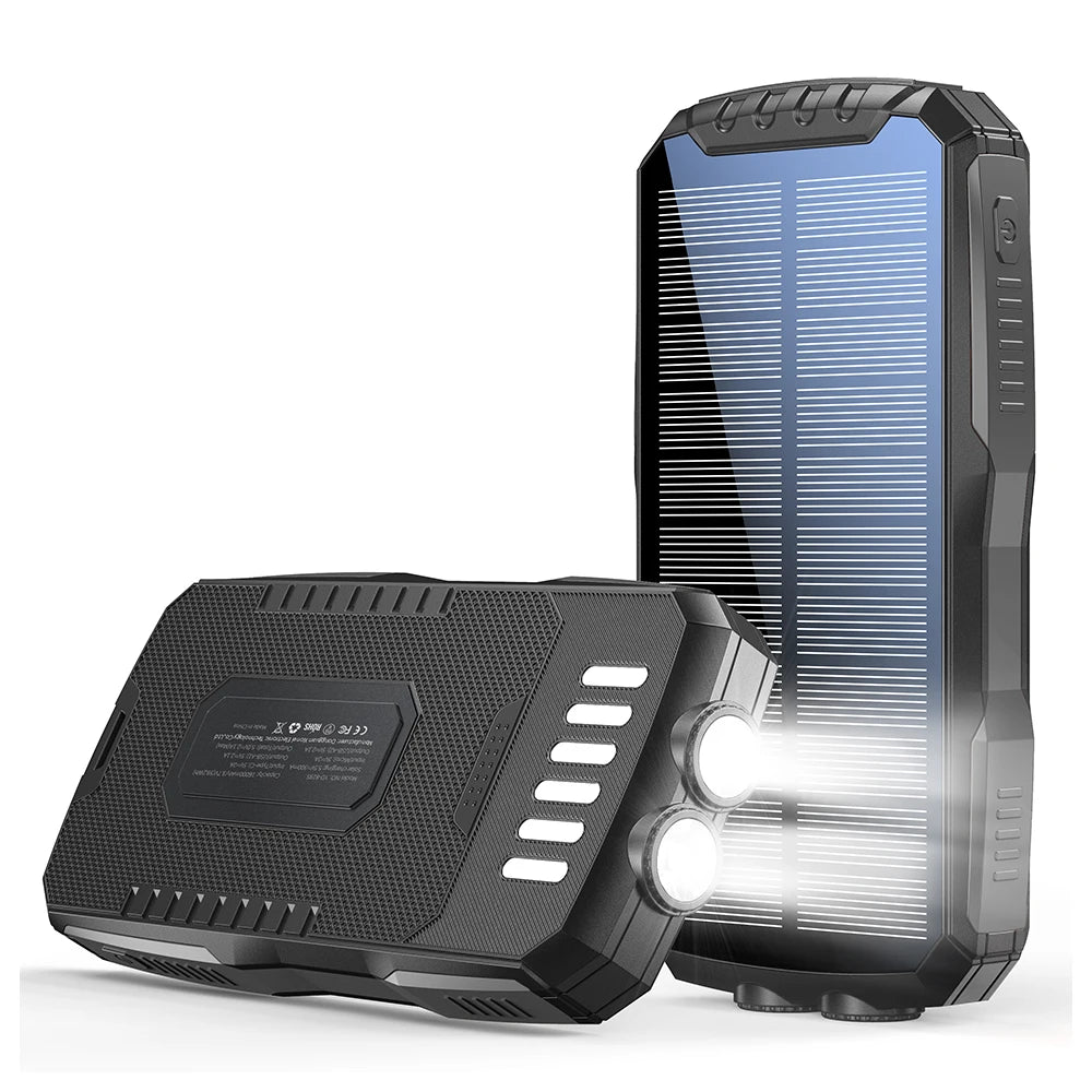30000mAh Solar Power Bank with Wireless Charger, Dual USB Outputs, Bright LED Flashlight, Waterproof