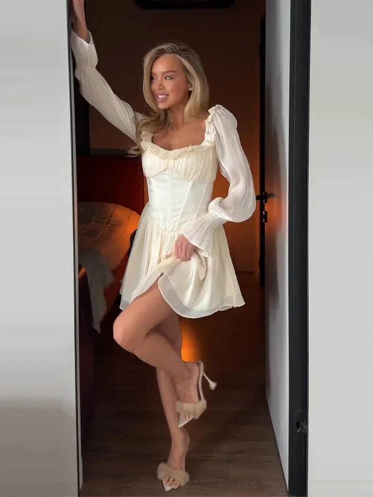 Elegant Square Neck Dress Women's Corset Mini Dress Ruffle Trim Long Sheer Puff Sleeves Romantic Party Dresses Woman Clothes