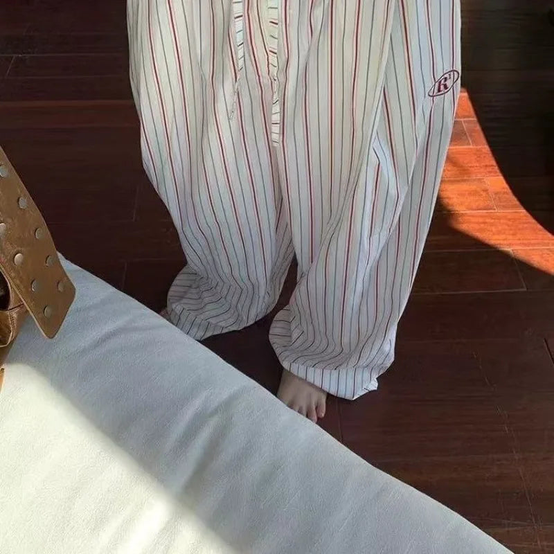 Classic Women Summer Vertical Striped Wide Leg Pants Elastic Drawstring High Waist Mini Embroidery Logo Loose Casual Trousers