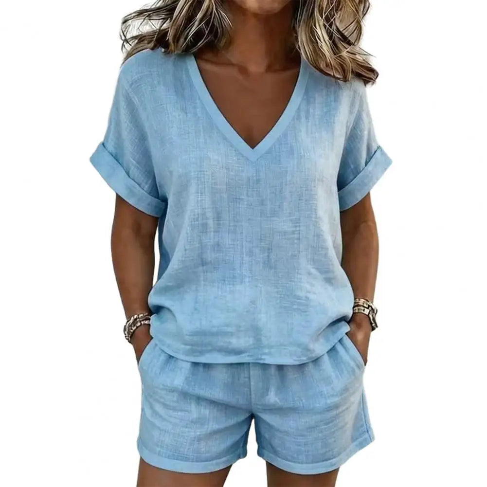 Women T-shirt And Shorts Set V-neck Short Sleeve Top 2 Piece Sets 2026 Elegant Summer Women Two Pieces Suit Female Outfit Clothe
