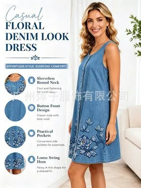 Women's Casual Summer Sleeveless Loose Fit Round Neck Pull On 3D Print Mid Length Dress for Women Beach Hiking Camping Outfits
