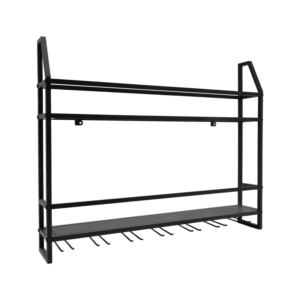 Wall Mounted Wine Rack Glass Holder 12 Bottles 7 Goblet Metal Shelf 2 Layer for Home Bar, 80cm Black
