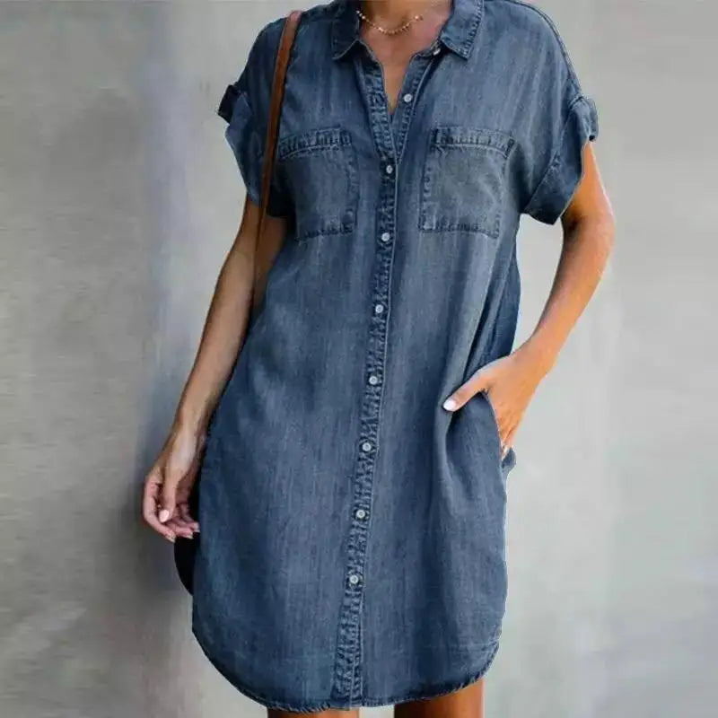 Summer Women's Denim Shirt Dress Single Breasted Casual Loose Pocket Retro Simple Denim Short Skirt