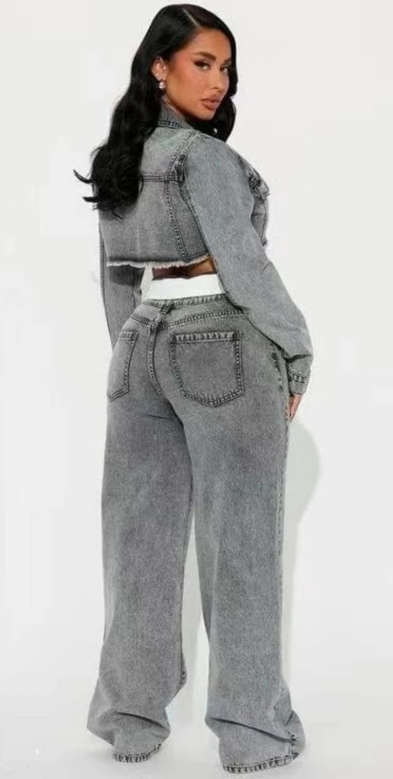 Streetwear Denim 2 Piece Sets Women Outfit Autumn Clothes Women Long Sleeve Jean Short Jacket Straight Jeans Pant Sets Tracksuit