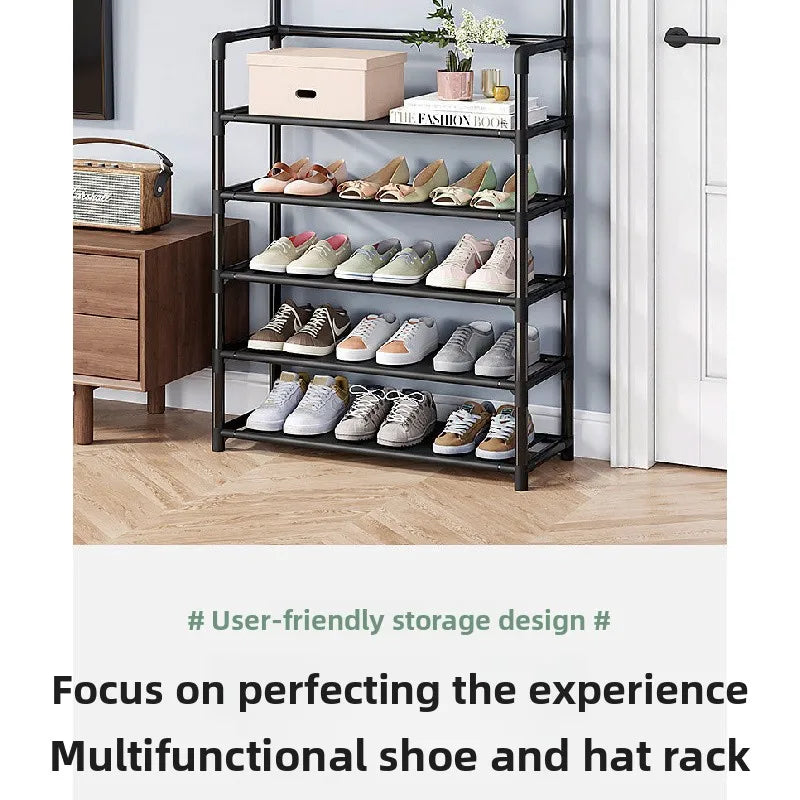 5-Tier 3-in-1 Multifunctional Metal Shoe & Hat Rack, Floor-Standing Garment Organizer for Entryway, Bedroom, Living Room, Sturdy Vertical Storage Shelf