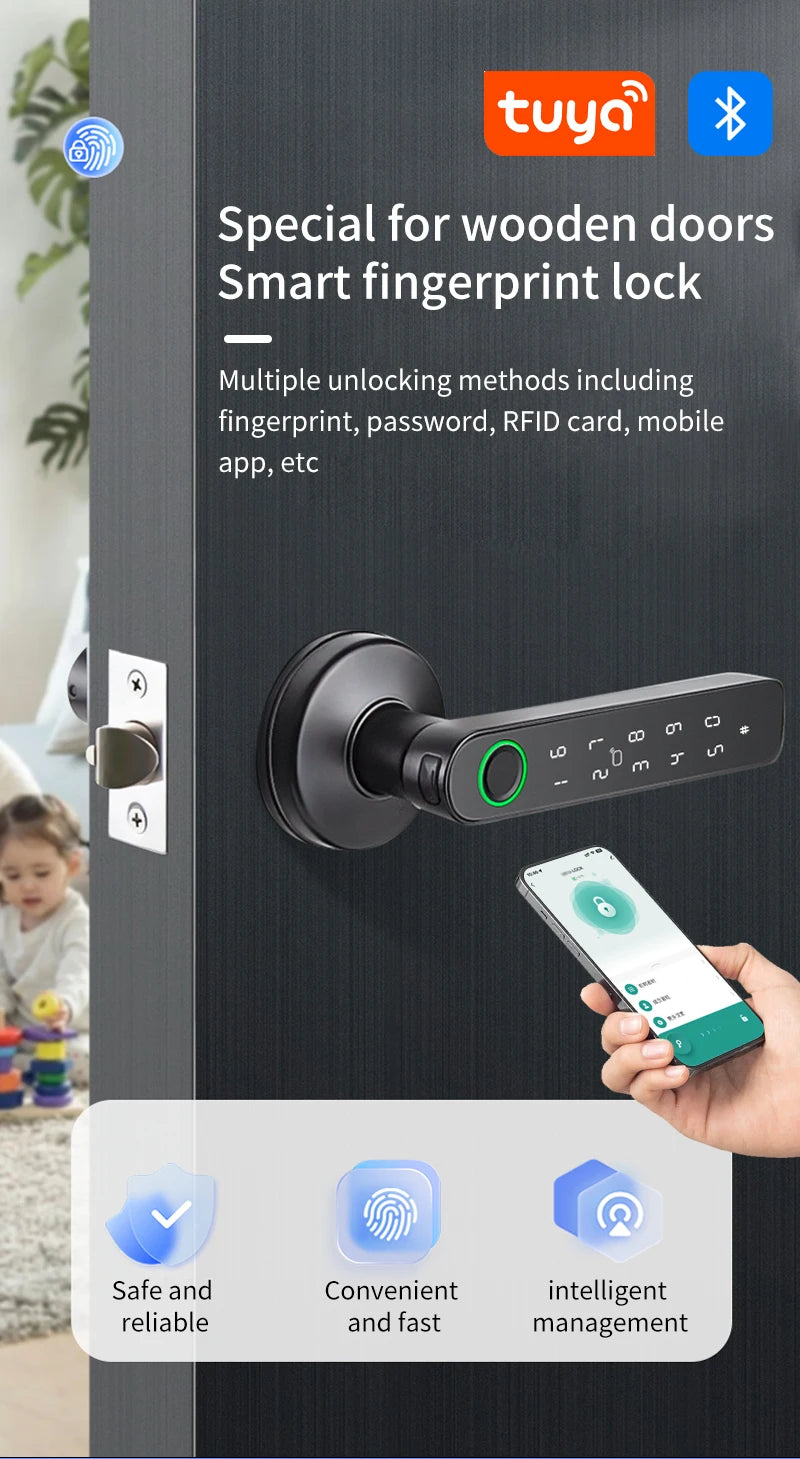 M5 Tuya BLE Fingerprint Door Lock Smart Digital Electronic Lock with Password/Key/IC Card(Optional)/ Smartlife/ Tuya APP Unlock