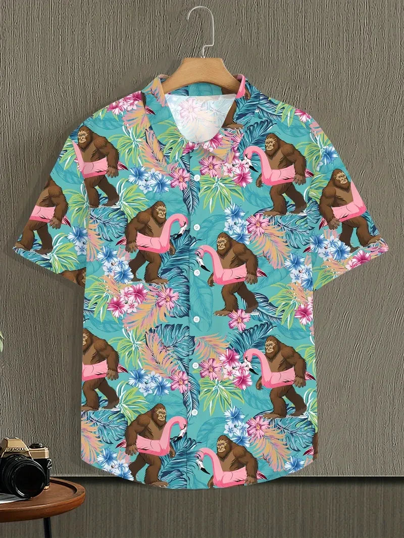 2026 Men's Vocation Lapel Camisa Vacation Hawaiian Shirts Flamingo 3d Print Fashion Unisex Beach Short Sleeve Blouse