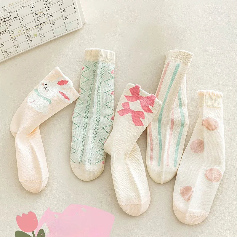 5 Pairs Children's Socks for Girls, Sweet Cute Cartoon Rabbit Girl's Casual Socks (Autumn & Spring)