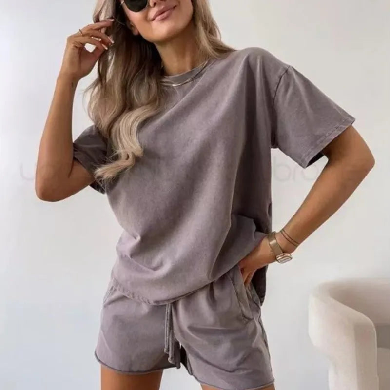 Simple Basic Shorts Set Solid Color Casual Comfortable Loose Temperament Daily Versatile Two-piece Set For Women 2026 Summer