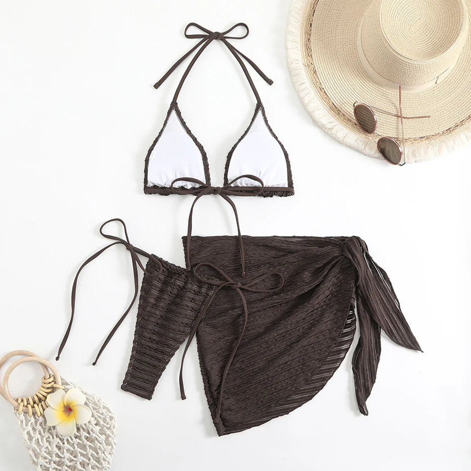 Sexy 3 Pieces Bikini Women Swimsuit 2025 Summer Halter Triangle Swimwear Bottom Bikinis Sets Beach Cover Up Female Bathing Suits