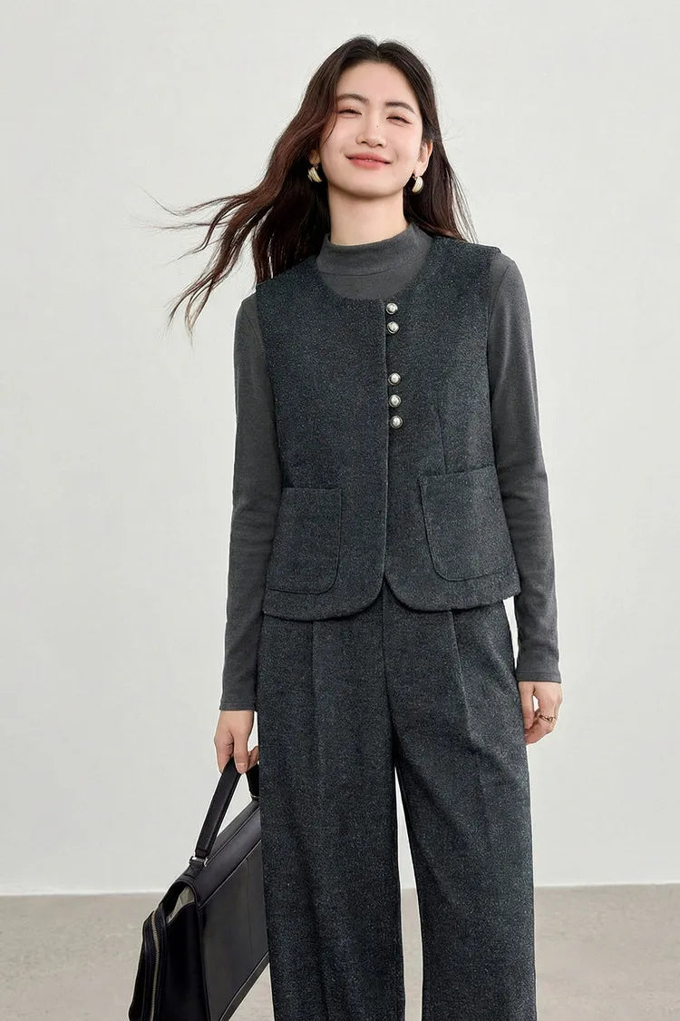 SENTUBILA Women's 2 Piece Pants Set 2026 New O Neck Waistcoat Straight Pant Winter Office Lady Wool Blend Female Suit 154ZA6093