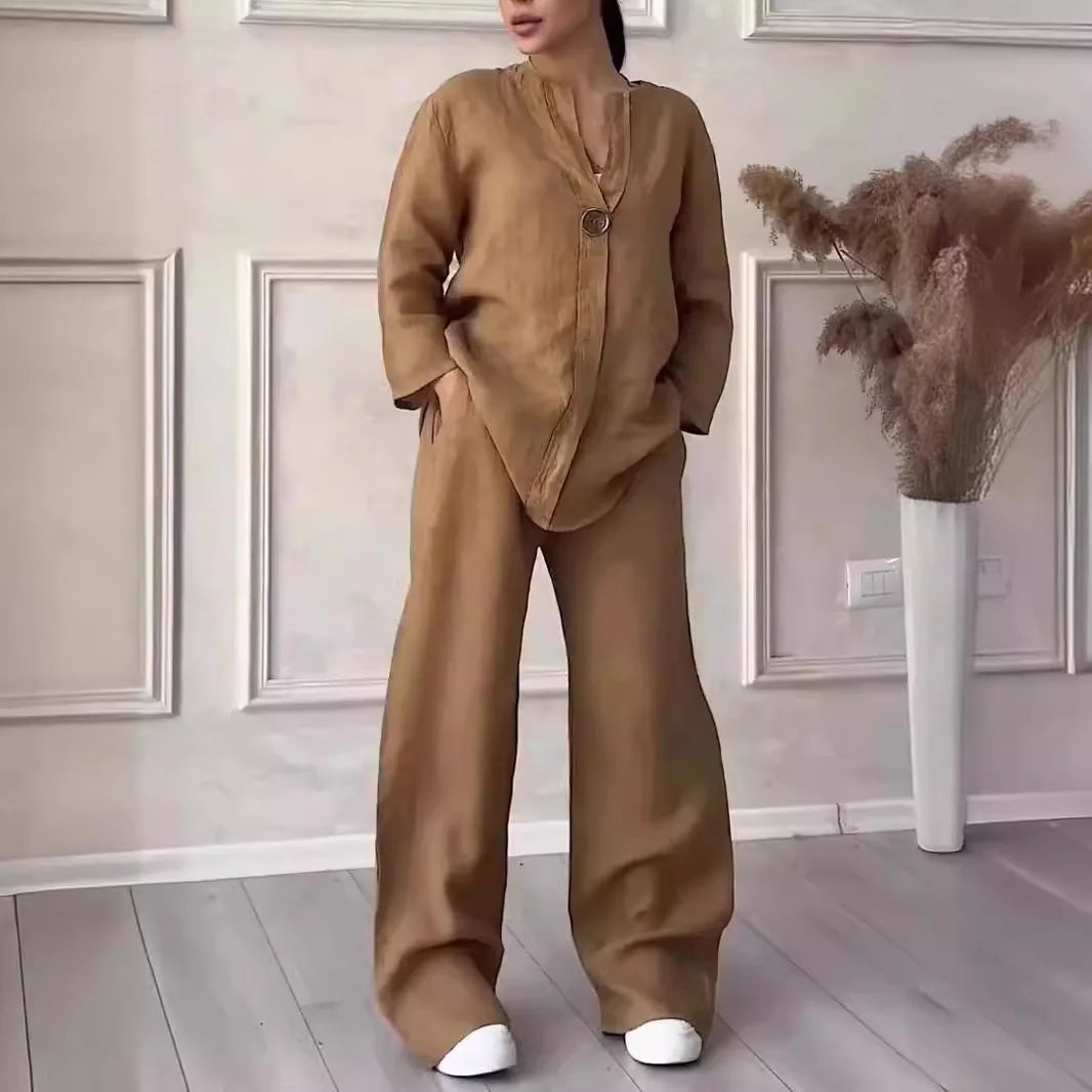 Women's Matching Comfortable Loose Cotton Linen  2 Pieces Sets Top Wide Leg Pants Casual Fashion Set Suits Summer Wear Outfits