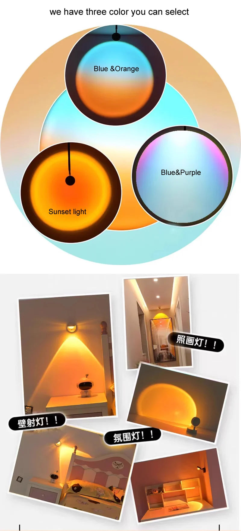Wireless Sunset Lamp Night Light Projector Deoration Home Wall Lamp Kitchen Display Cabinet Cupboard Bedroom RV Reading Lamps