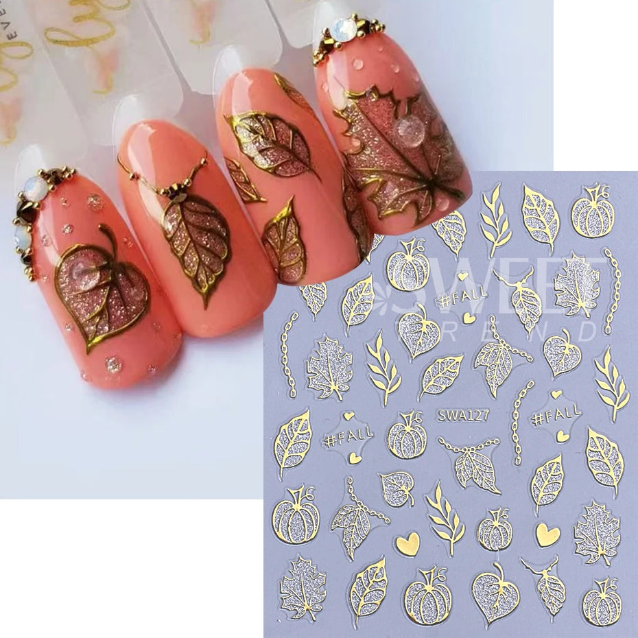2pcs Glitter Pumpkin Nail Art Stickers Autumn Shiny Fall Leaves Designs 3D Self Adhesive Nail Decals DIY Manicure Decoration