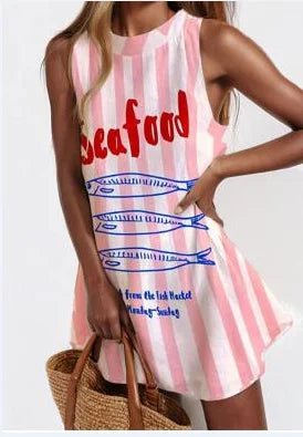 Summer Casual Printed Dress For Women's Sleeveless Round Neck Fashion Dresses Beach Holiday Sundress Party  Vestidos Para Mujer