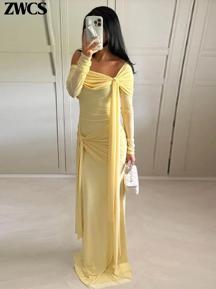 Yellow Pleated Off-shoulder Ribbon Dress Women's Sexy Lace Up Full Sleeve Bodycon Dresses 2025 Autumn New Elegant Party Vestidos