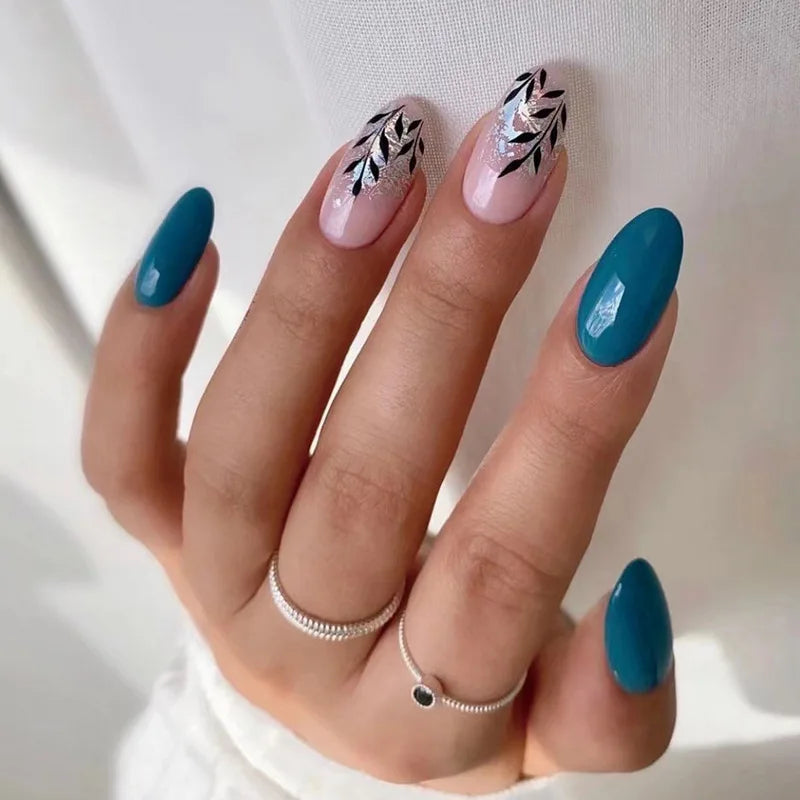 24Pcs/Set Blue Sky White Cloud Fake Nails Glue DIY Manicure Pattern Design False Nail French Stiletto Full Cover Nail Art Tools