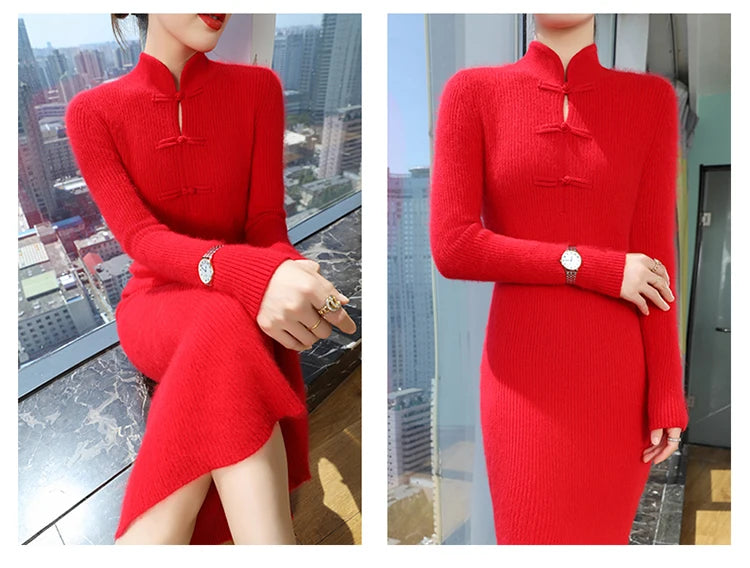 100% Mink Cashmere Knitted Dress Ladies Stand Collar Buckle Long Skirts Retro High Waist Over Knee Slim Dress New Thick Sweater