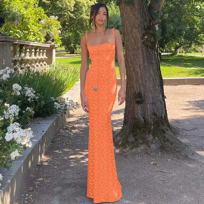 Women's Flower Print Sleeveless Backless Slim Maxi Dress Elegant Streetwear Party Clothing Spring 2025 Concise Sexy Slip Dress