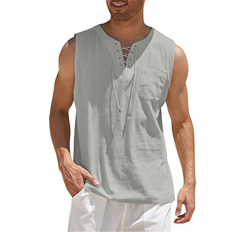 New 2026 Men's Casual Cotton Linen Tank Tops Men Drawstring V Neck Sleeveless Shirts Summer Casual Shirt Gym Fitness Vest Tops