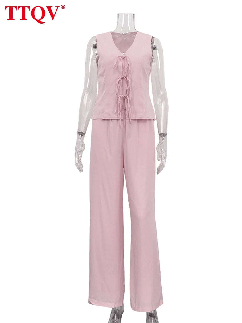 TTQV Summer Loose Pink 2 Piece Sets Woman Outfit Fashion Sleeveless Tank Top With High Waist Wide Pants Set Female Streetwear