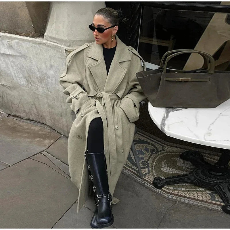 Whisper Lumi Vintage Double Breasted Lapel Women Long Coat Elegant Loose Jacket With Belt Autumn Casual Ladies Streetwear
