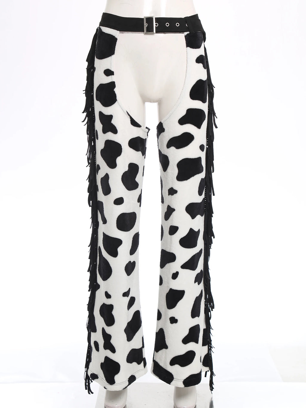 Womens Cow Spot Pattern Flannel Long Pants Adjustable Waist Open Crotch Biking Riding Cowgirl Chaps Halloween Cospaly Costume