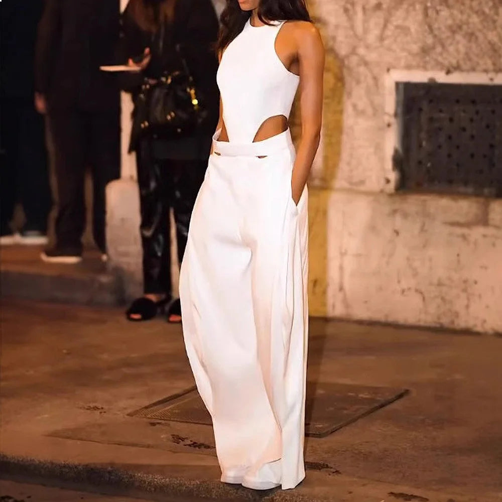 Women's Solid Color Sleeveless Hollow Out High Waist Wide Leg Jumpsuit Overall Playsuit