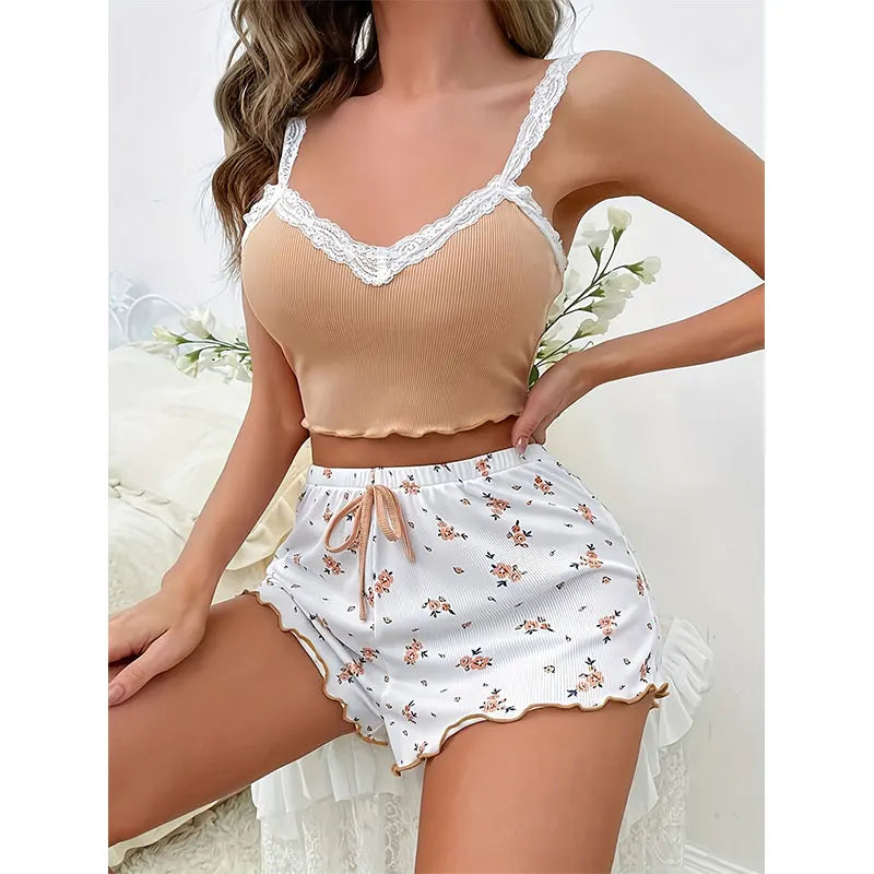 2026 Women Sexy Lace Vest Shorts Pajamas Women's Slim Fit Two-piece Home Outfit Summer Low Rise Casual Print Short Pants Top Set