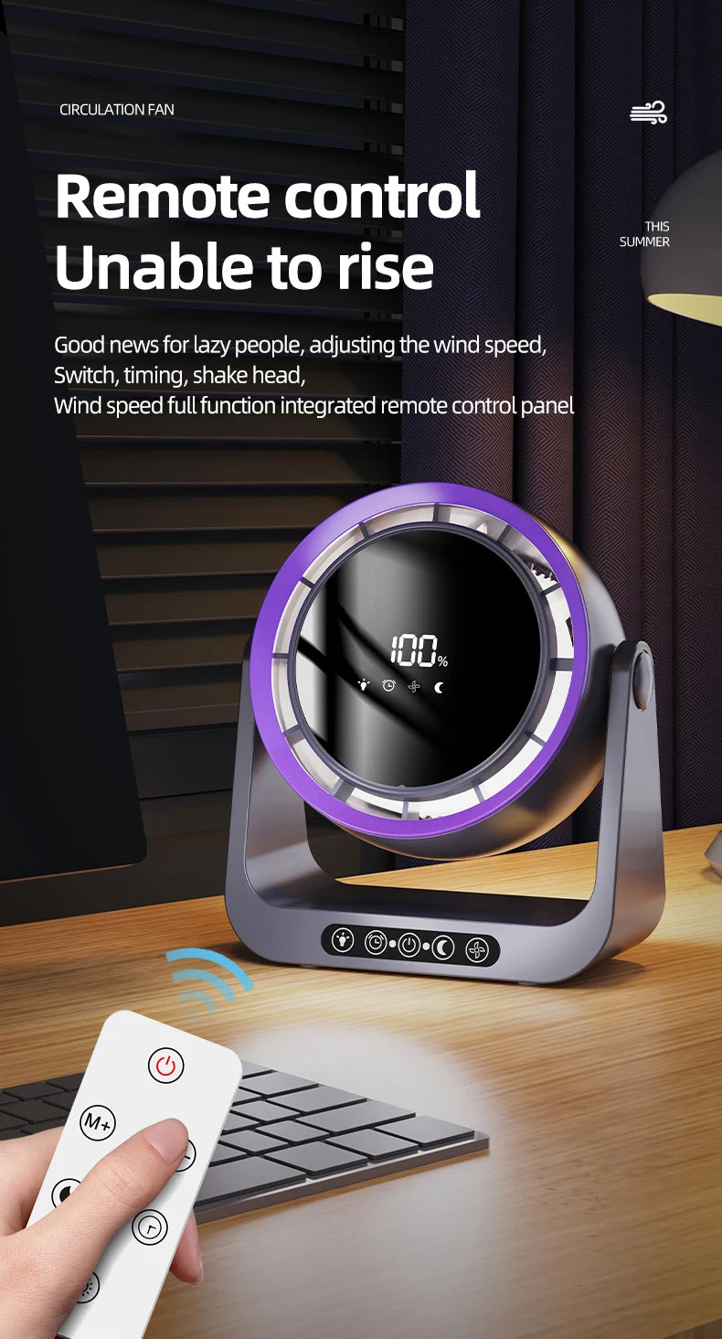 Desktop Circulating Fan With Remote Control Mini Table Fan 4000 mAh Large CapacityRechargeable Wall-mounted Fan With Night Light